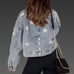 NWT Cropped Denim Jacket w/ Pearl Beading & Ripped Star Embroidery Sz Large