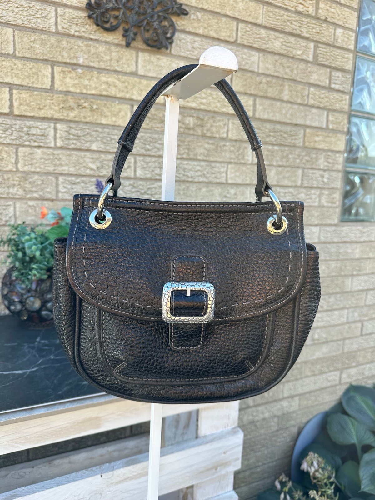 Brighton Parker Flap Saddle Bag in black pebbled leather with silver hardware