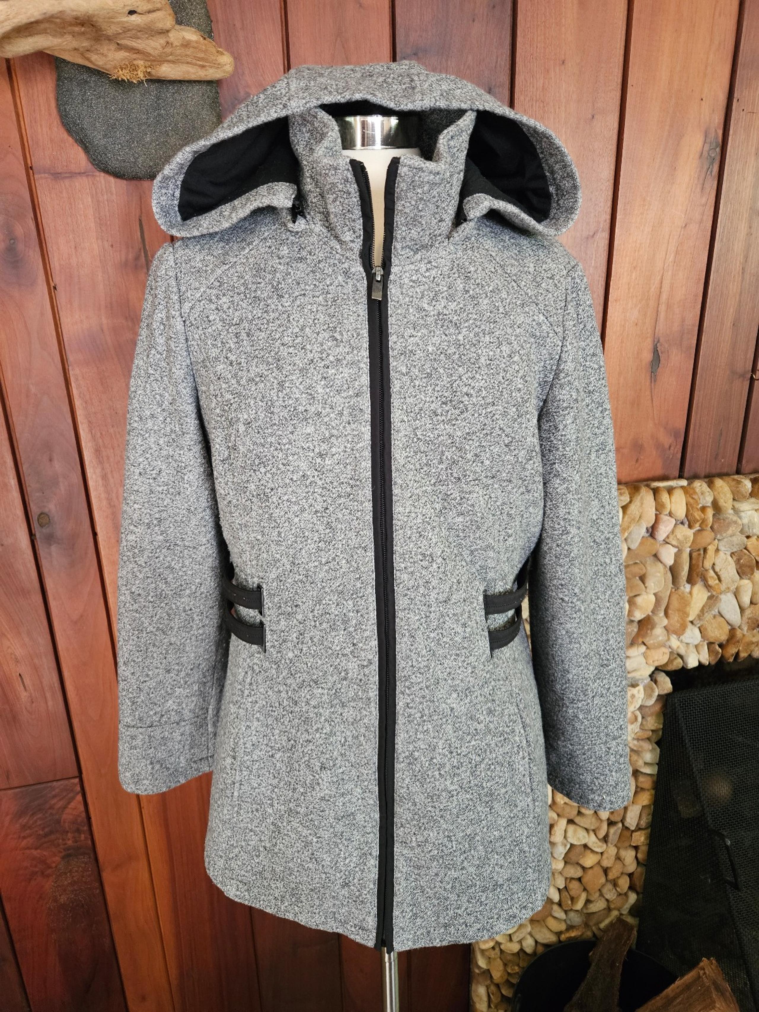 Ladies Grey Coat with Black Snap Straps and Detachable Hood by Details, Size L