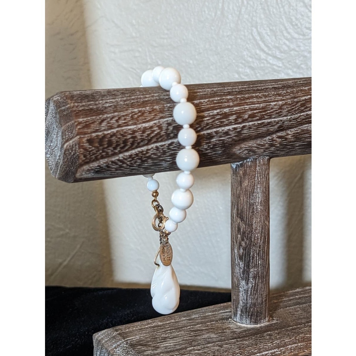 Miriam Haskell White Milk Glass Bead Dangle Charm Safety Chain Signed Bracelet