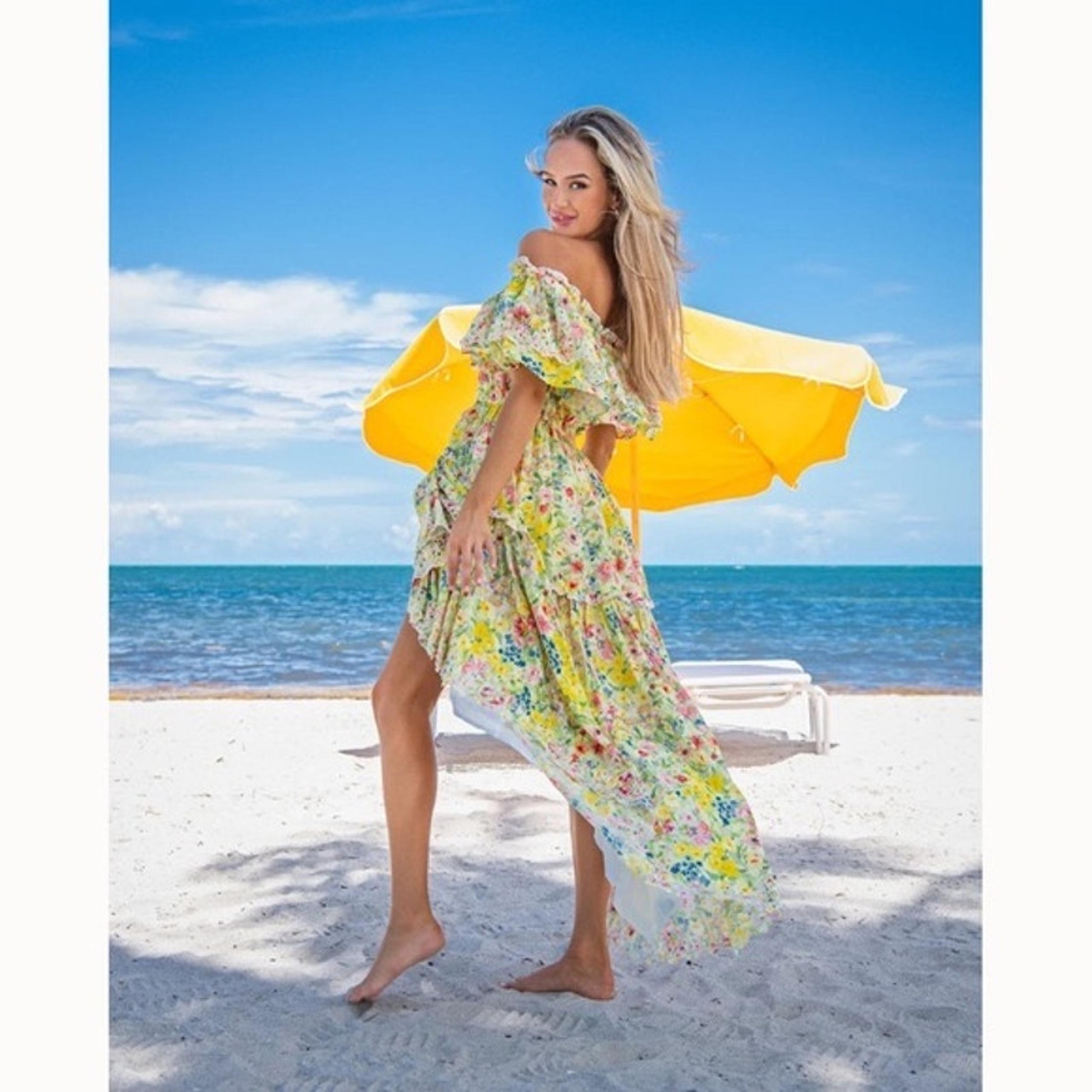 LoveShackFancy Yellow Floral Print Weller High Low Maxi Dress Size Small
