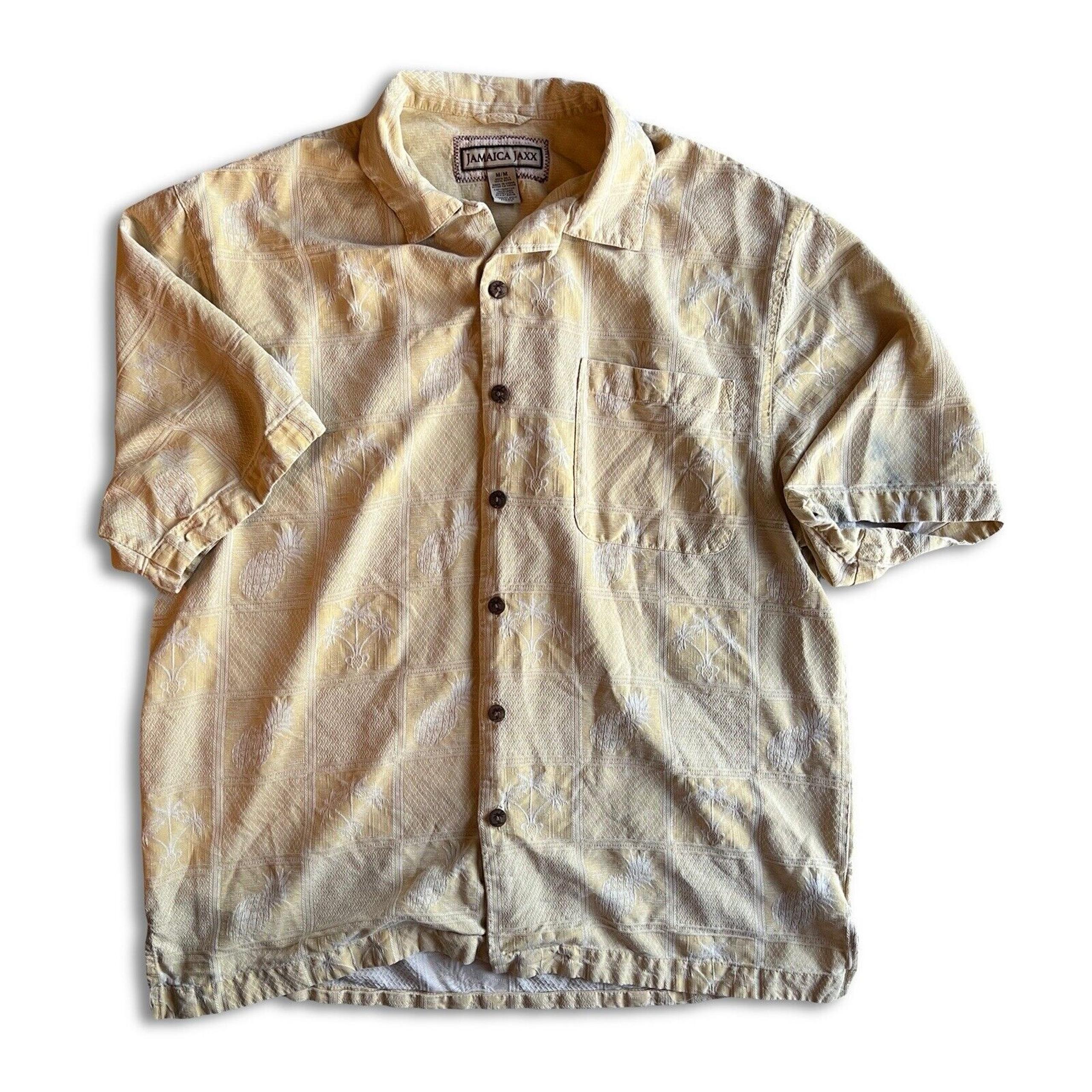 Jamaica Jaxx 100% Silk Button Up Shirt Mens Medium Short Sleeve Yellow Pocket