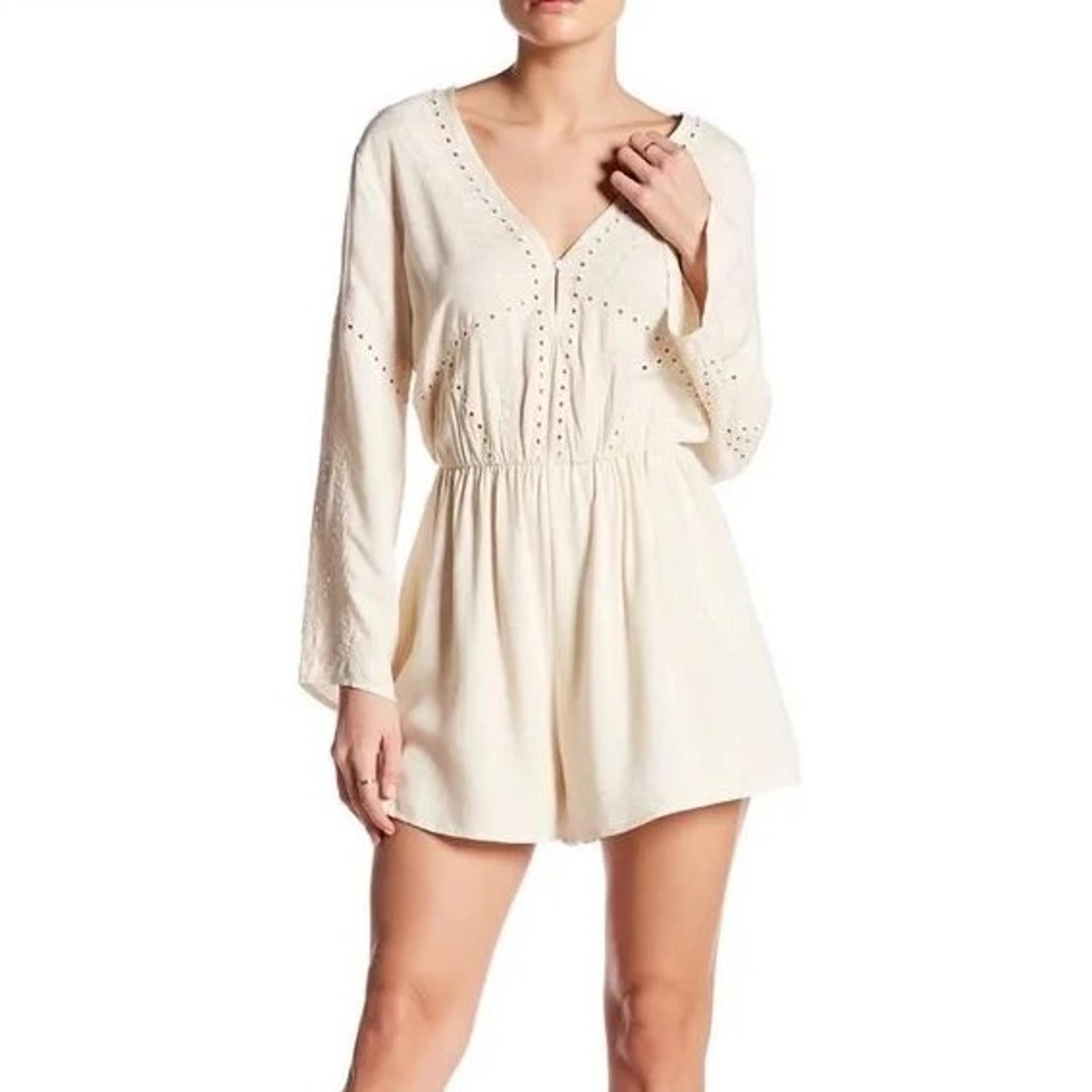 ASTR the Label Cream Eyelet Embroidered Linen Romper with Long Bell Sleeves XS