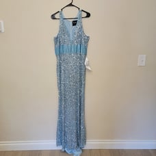 Mac Duggal Sequined Sleeveless V Neck Column Gown, Light Blue, 4930, S 16, 215