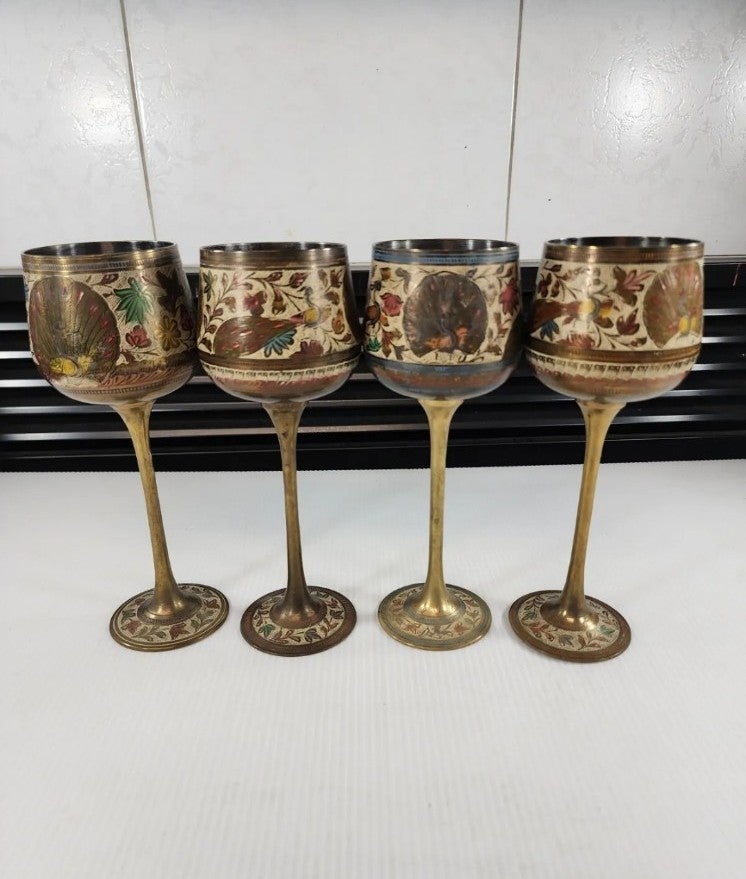 Antique Peacock and Flowers Detailed Handpainted Persian cups tall Vintage 7.5