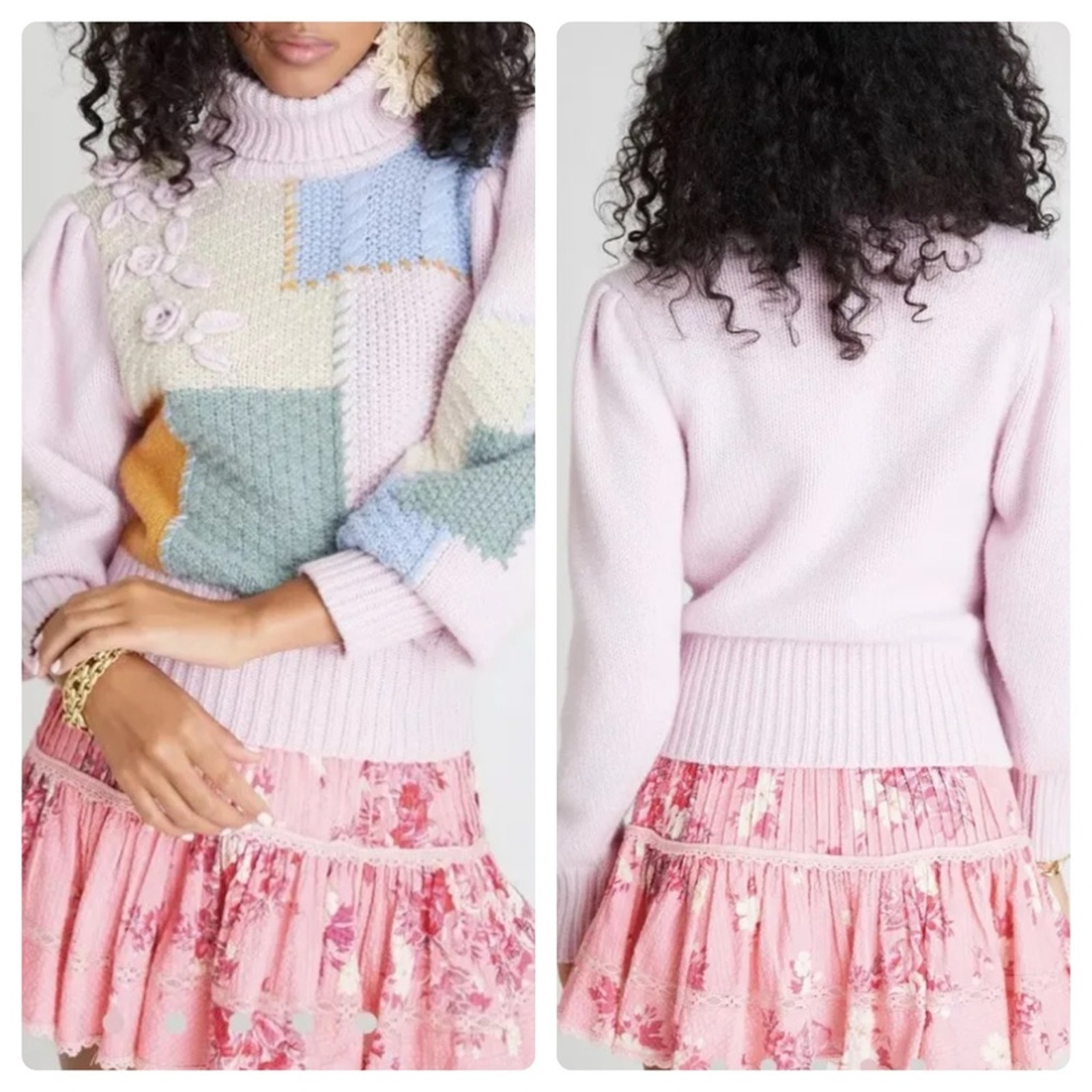 LoveShackFancy Allan Appliquéd Patchwork Knitted Turtleneck Sweater