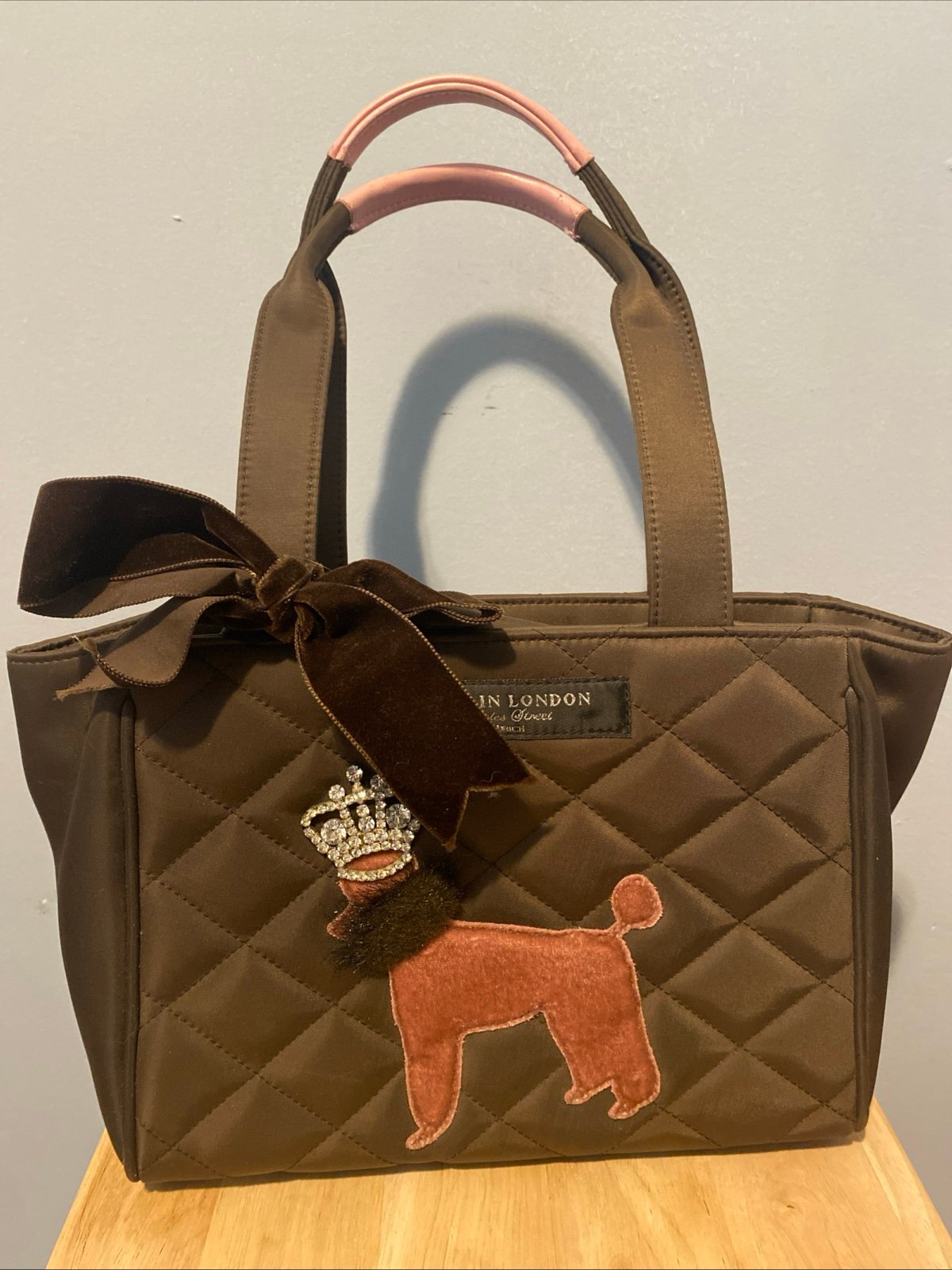 My Flat In London Brown Pink Tote Bag Poodle Rhinestone Crown Purse Jan Haedrich