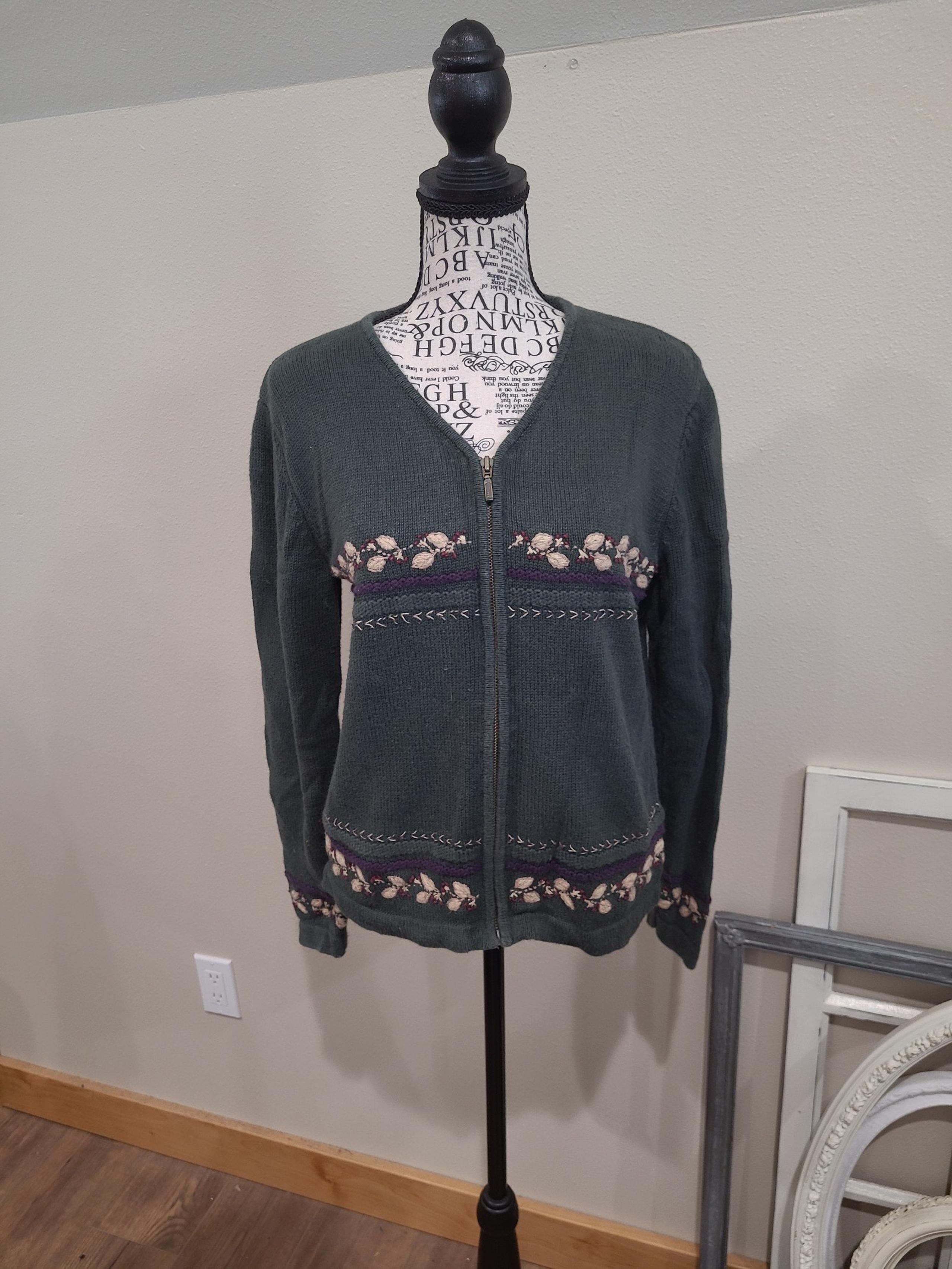 Vintage Eddie Bauer Women's SZ Med. Zip Cardigan embroidery forest green Y2K