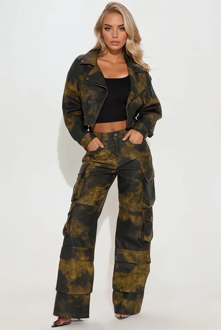Fashion Blair Faux Leather Cargo Pant Set - Black/Green