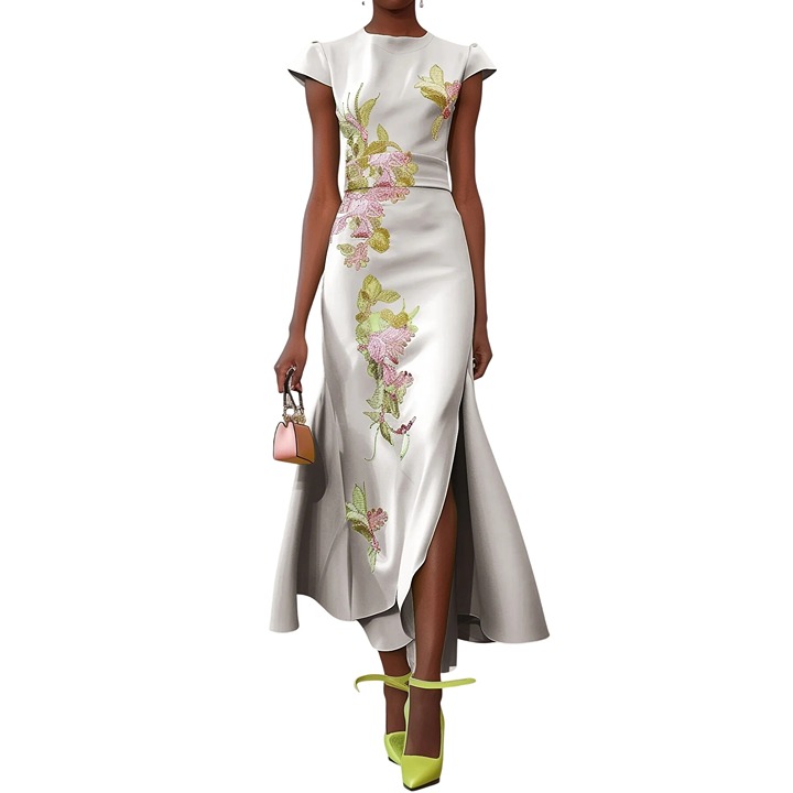 FEHAUTE Silver Floral Embroidered Cap Sleeve Slit A-Line Maxi Dress NWT