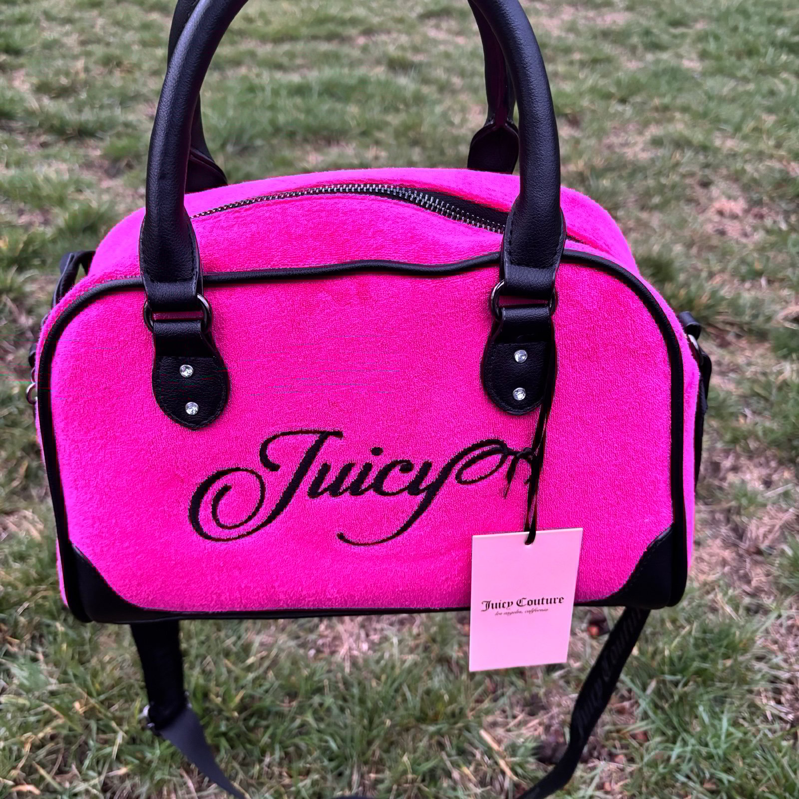Juicy couture hot pink and black satchel/ bowler bag terry cloth material