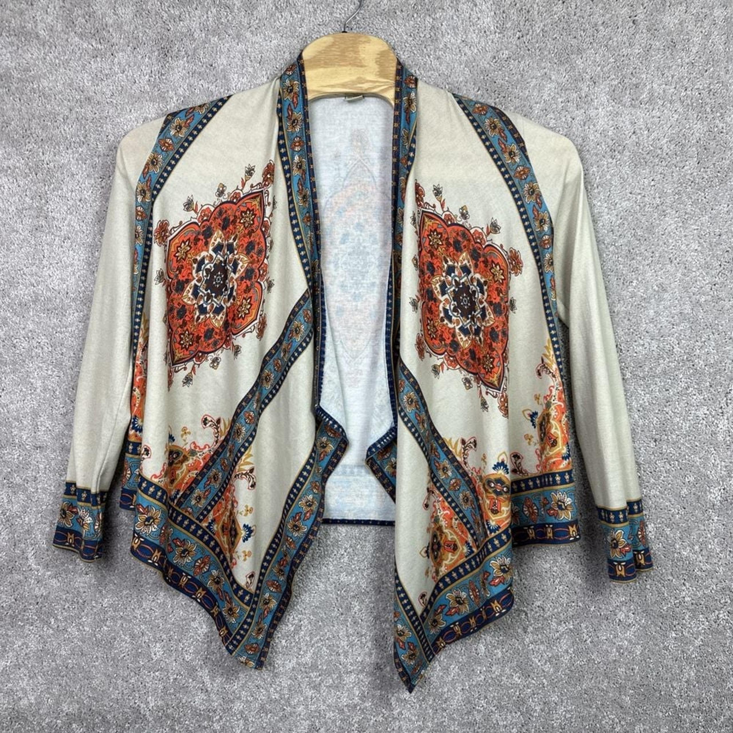 Flying Tomato Floral Open Front Cardigan Sweater Size M Tan Western Tribal