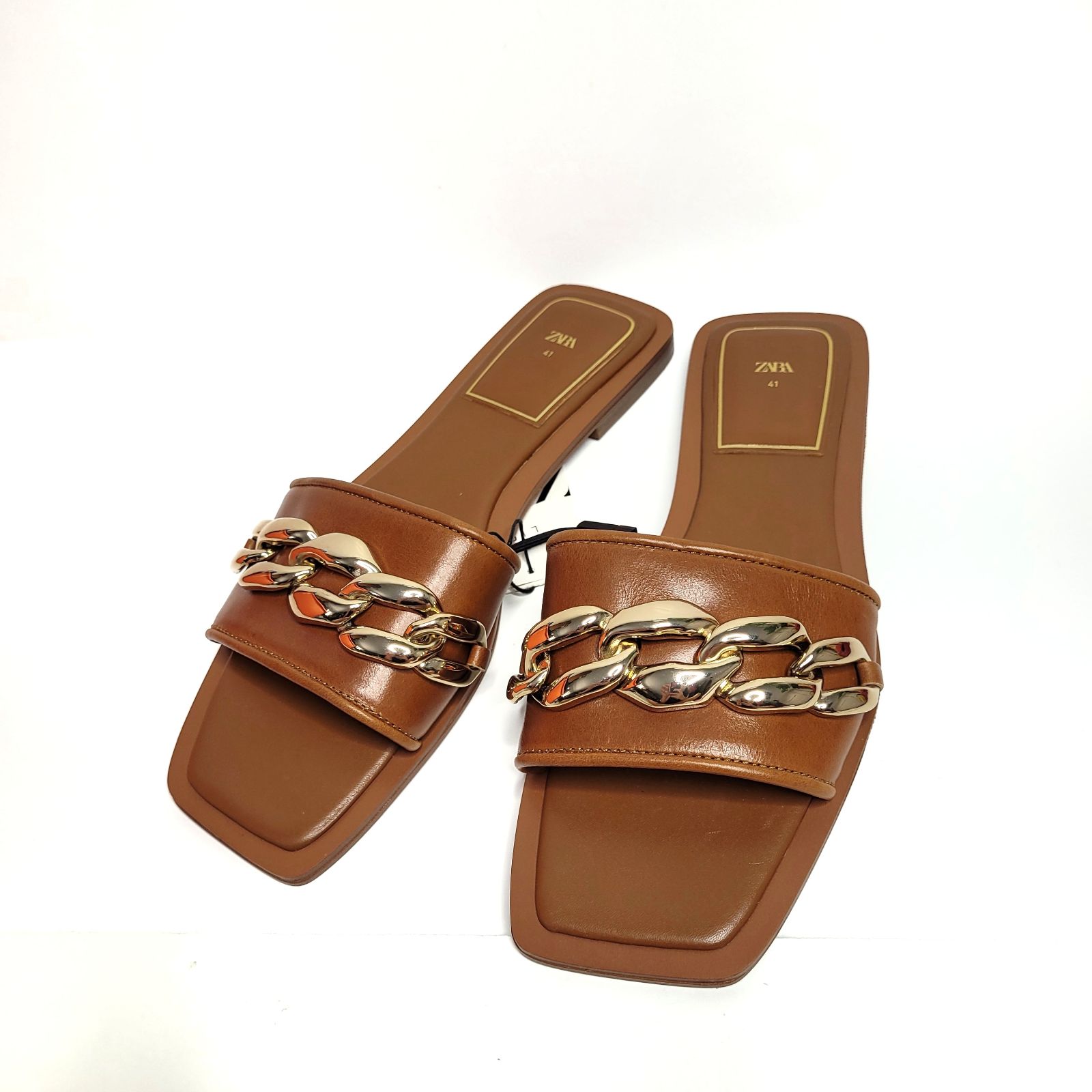 ZARA NEW WOMAN FLAT LEATHER SANDALS w/ CHAIN camel brown SIZE 10 NEW WITHOUT TAG