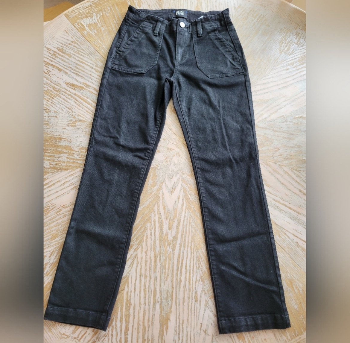 Paige Mayslie Straight Leg Pants- Black Fog with Luxe Coating - size 25