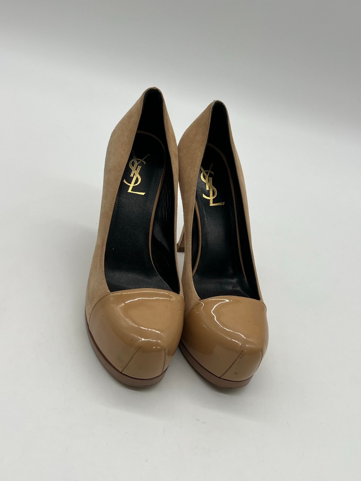 Yves Saint Laurent Tribtoo Women 37 US 6.5 Tan Suede Patent Leather Captoe Shoes