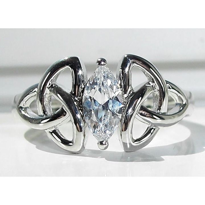 Size 8, 925 STERLING SILVER Dainty Celtic Triquetra Marquise Cubic Zirconia Ring