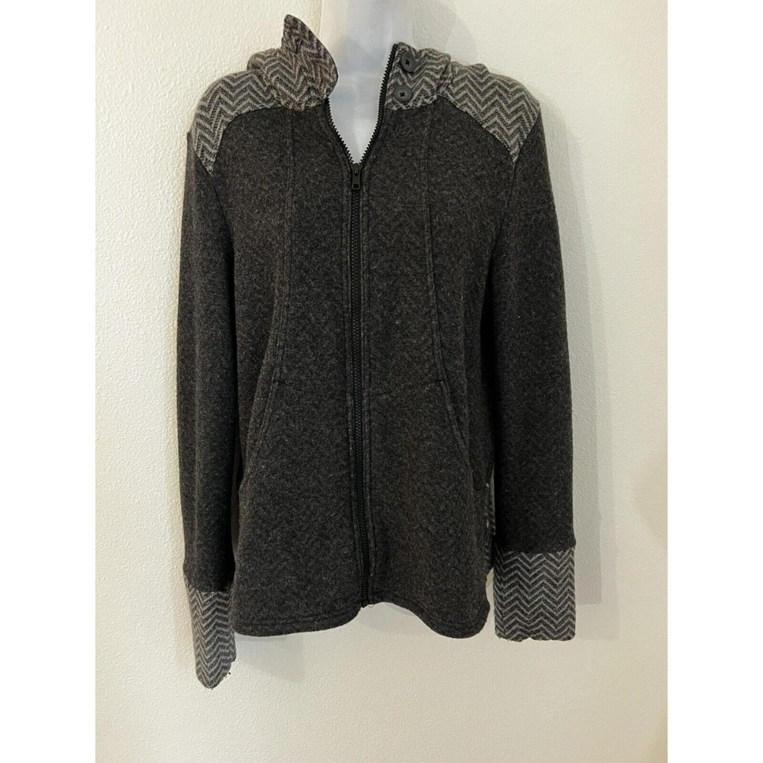Prana Women's Sz L Gray Wool Blend Full Zip Hoodie Sweater Jacket Zig Zag Detail
