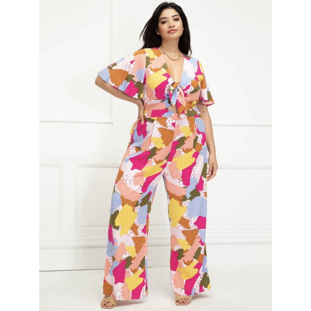Eloquii Elements Fun Wide Leg Jumpsuit Plus Size 20 Bold Colorful Flutter Sleeve