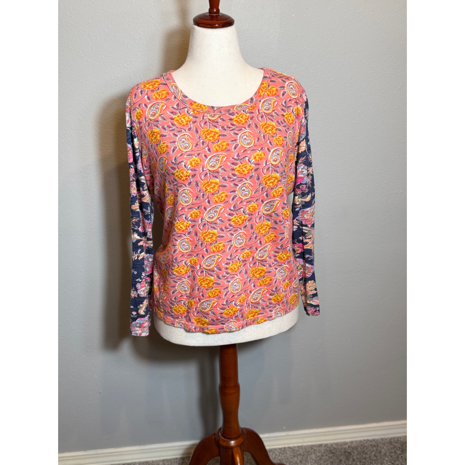 Cino two toned blue & orange floral long sleeve cottonTee shirt top Sz L