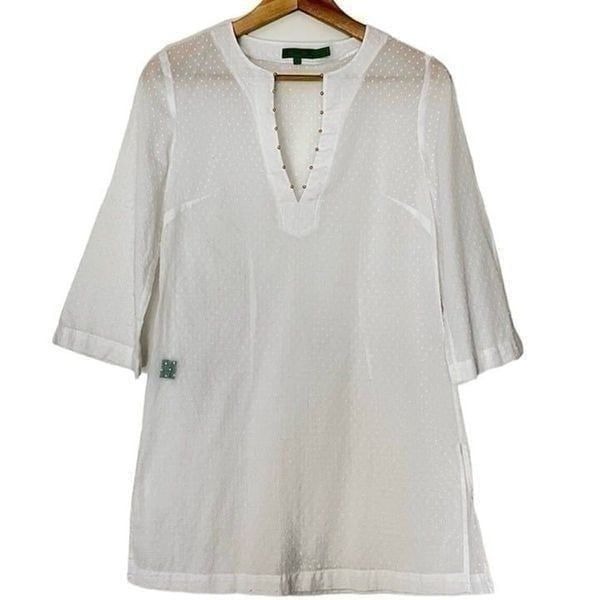Tibi White Cotton Tunic Sheer Splice V Neck 3/4 Sleeve Beach Cover Up Swim Small