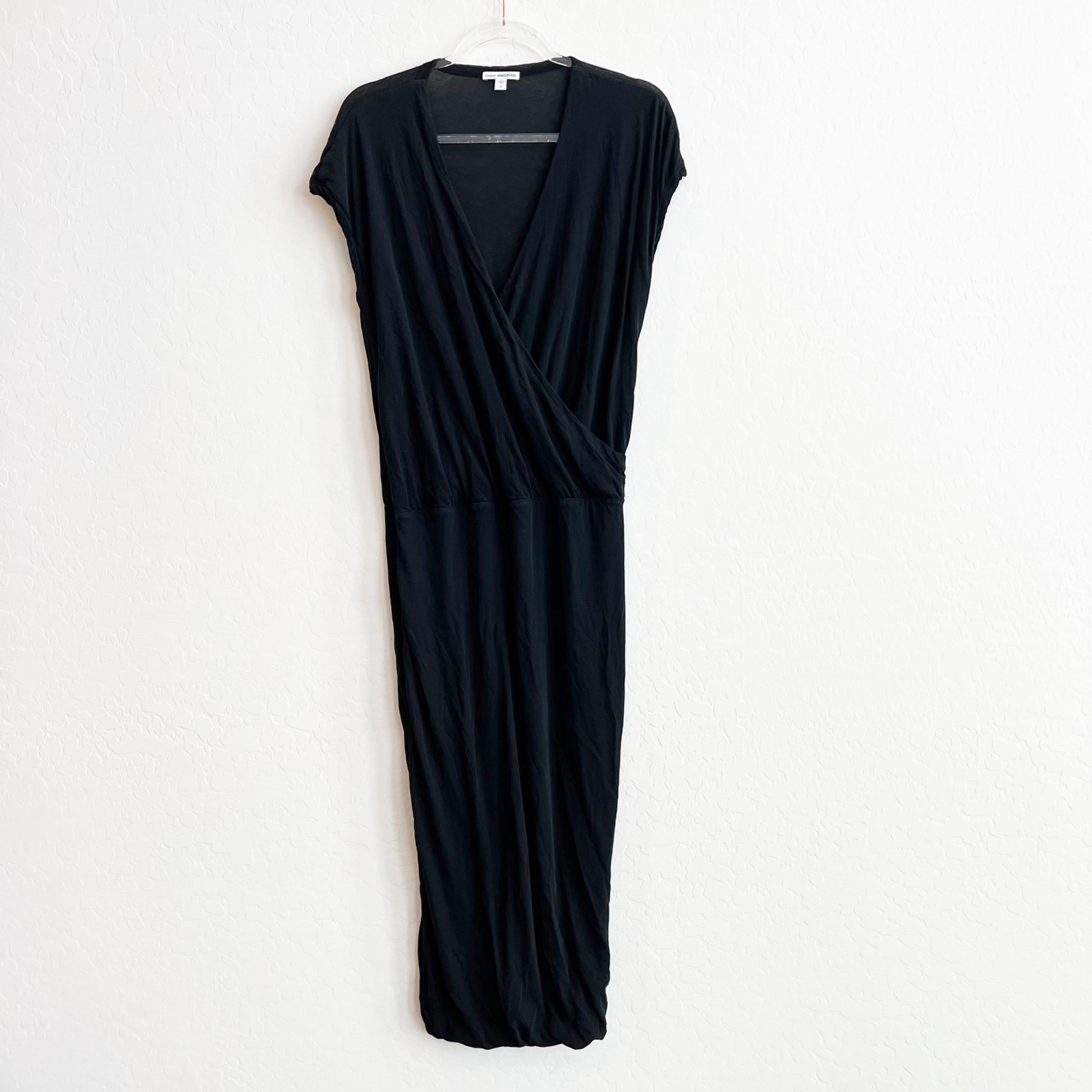 James Perse Women's Surplice Jersey Blouson Dress Midi Black Cotton 3 (L)