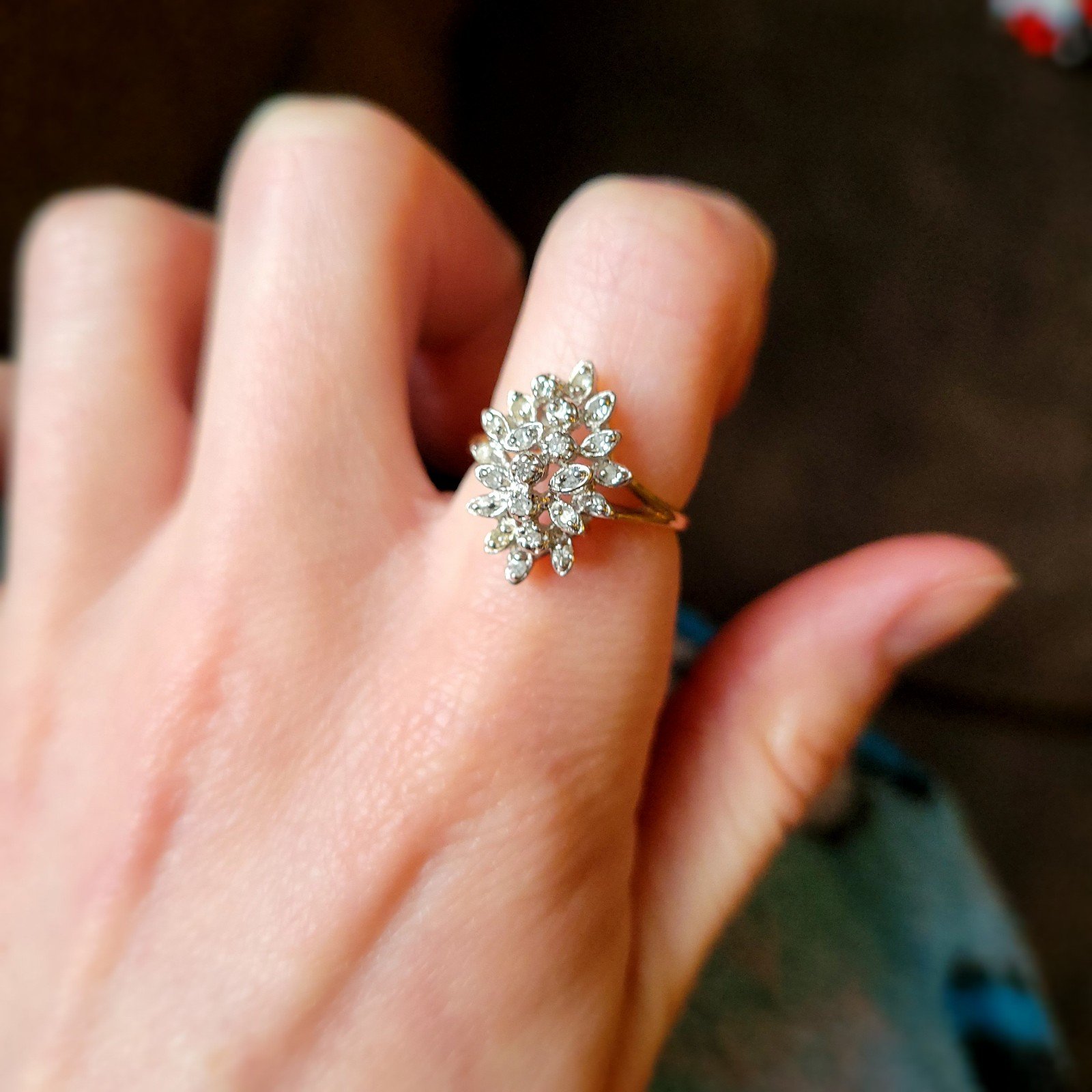 14k White and Yellow Gold Diamond Cluster Ring size 4.5