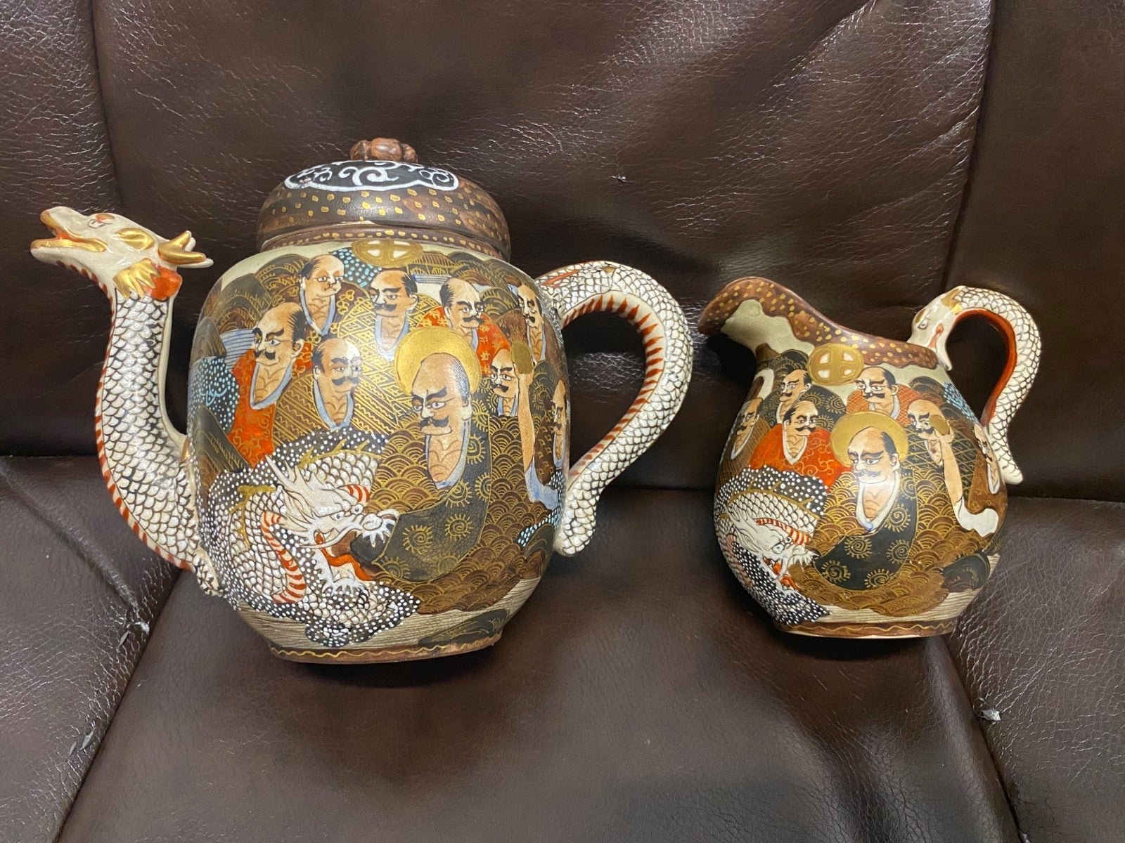 Japanese Satsuma dragon tea service, Meiji era marked