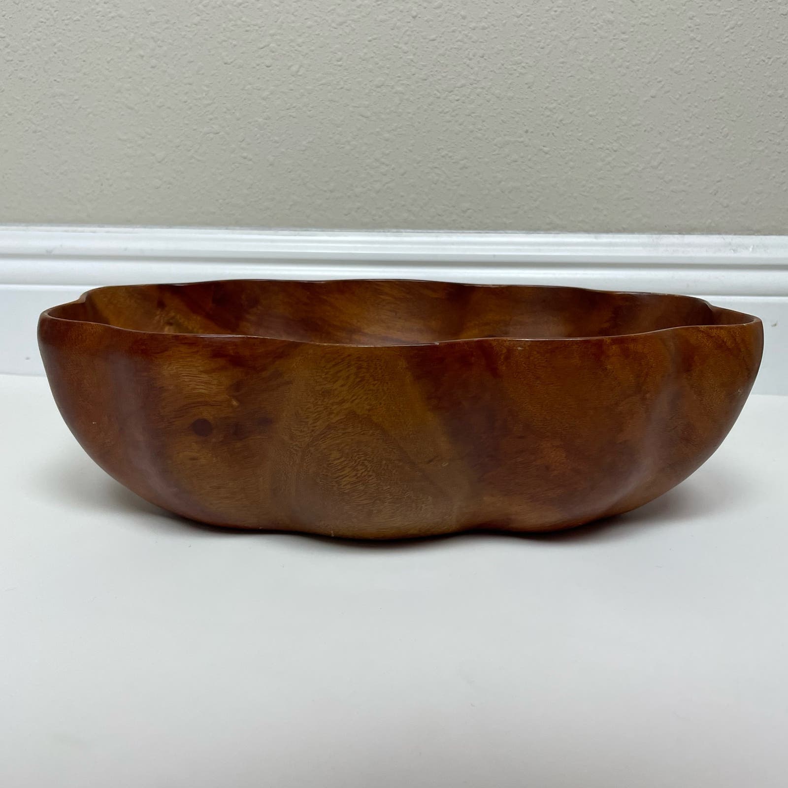 Antique Hawaiian Hand Carved Kamani Wood Ruffle Scallop Edge Bowl Stamped