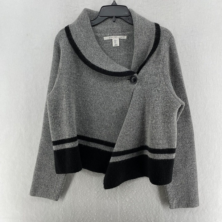 Max Studio Women's L Gray Black Colorblock Cardigan Sweater Shawl Collar Wool