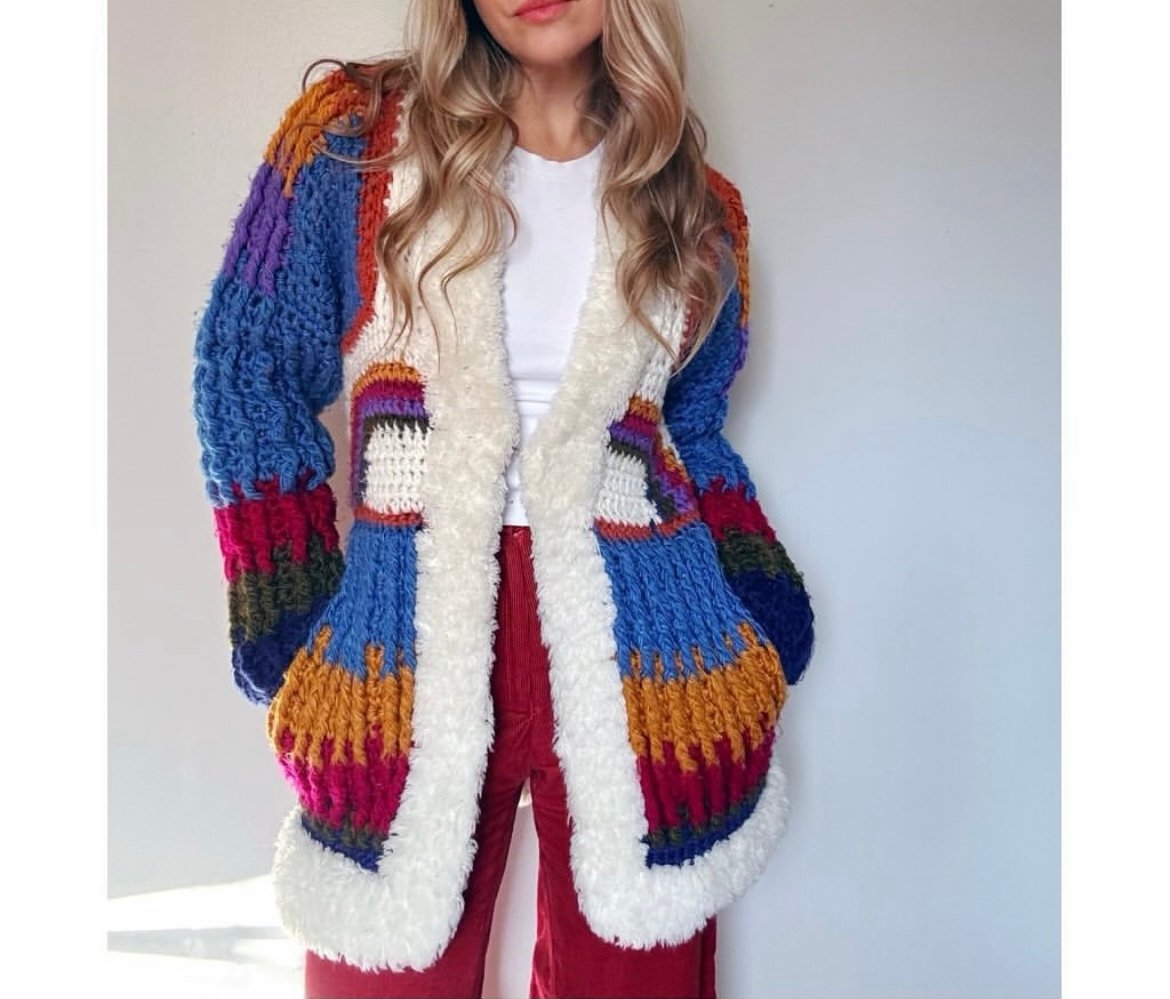 Vintage 1970s rainbow crochet knit cardigan sweater jacket shaggy hippie boho