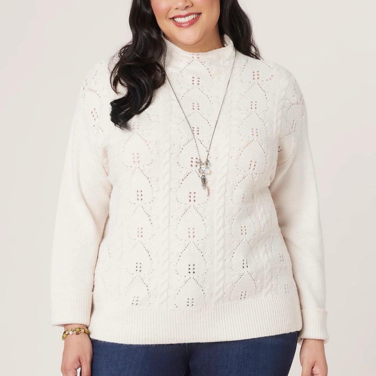 Democracy 3X Sweater Long Roll Sleeve Funnel Neck Popcorn Stitch Front NWT