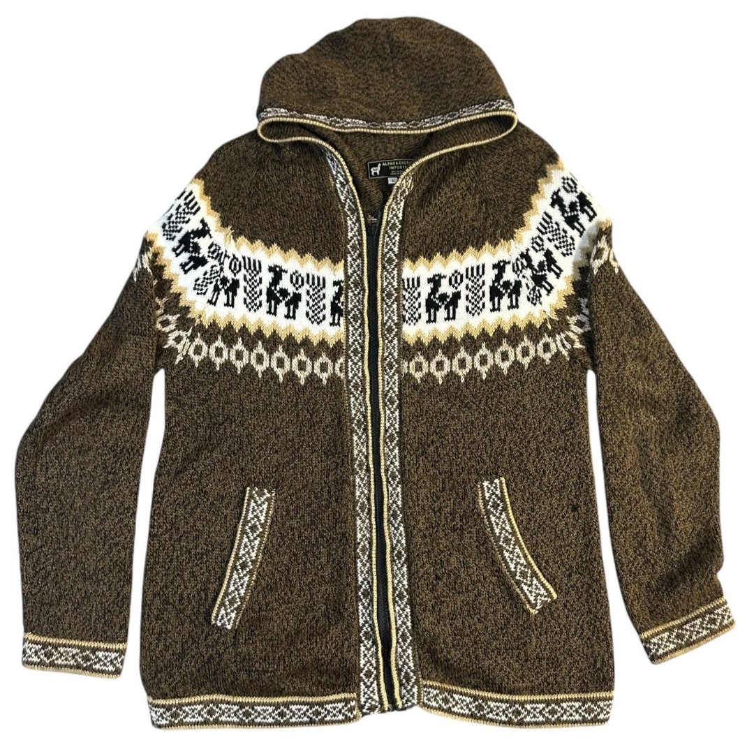 Alpaca Exotic Imports Sweater Sz Medium Full Zip Hooded 100% Alpaca Llama Print