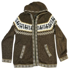 Alpaca Exotic Imports Sweater Sz Medium Full Zip Hooded 100% Alpaca Llama Print