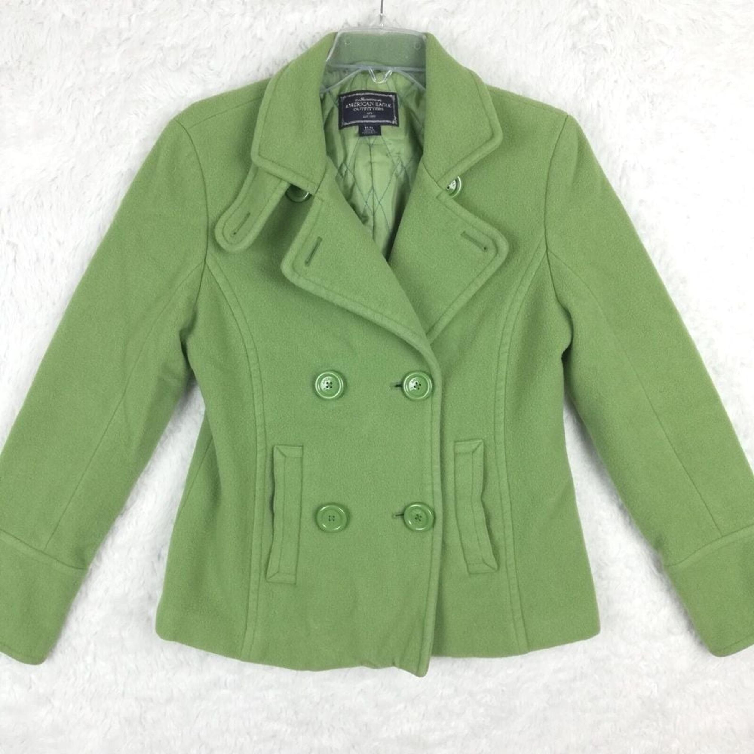 American Eagle Womens Coat Peacoat Wool Blend Double Breasted Green Pockets M