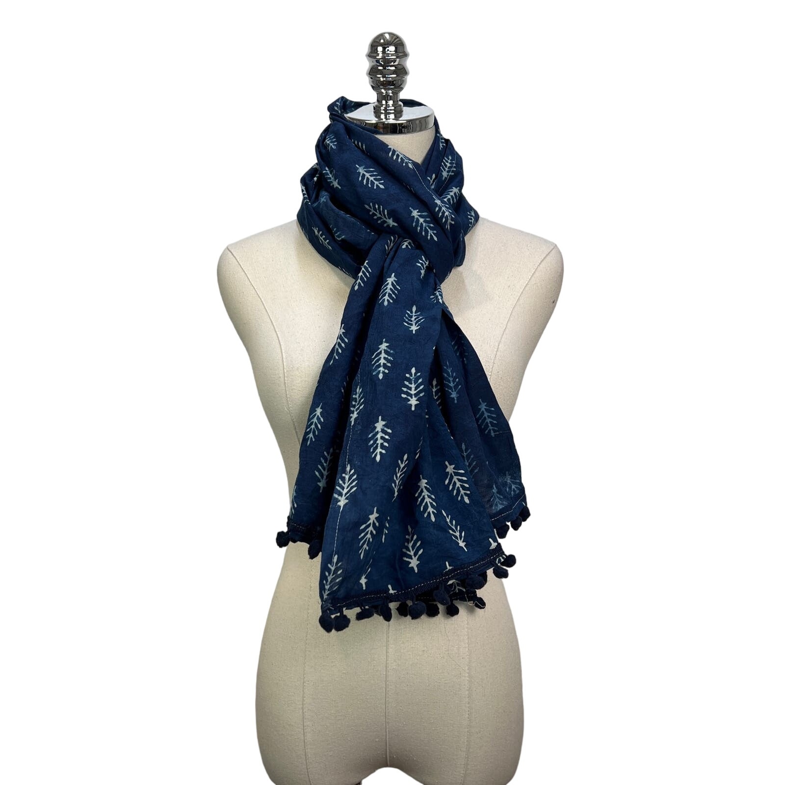 Blue Printed Cotton Scarf Wrap Pompom Details Leaf Motif