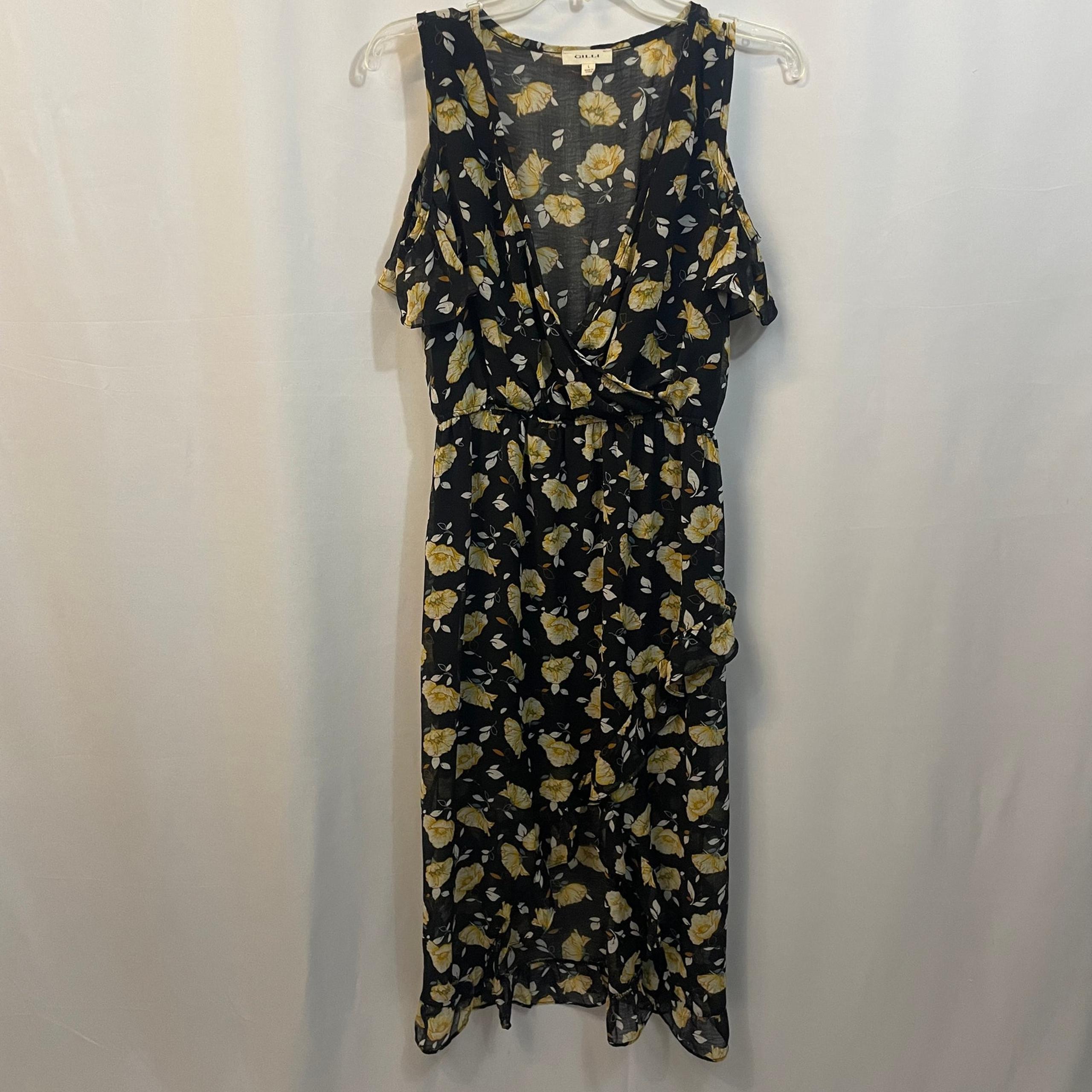 Gilli Black Yellow Floral High Low Cold Shoulder V-Neck Ruffles Dress Large