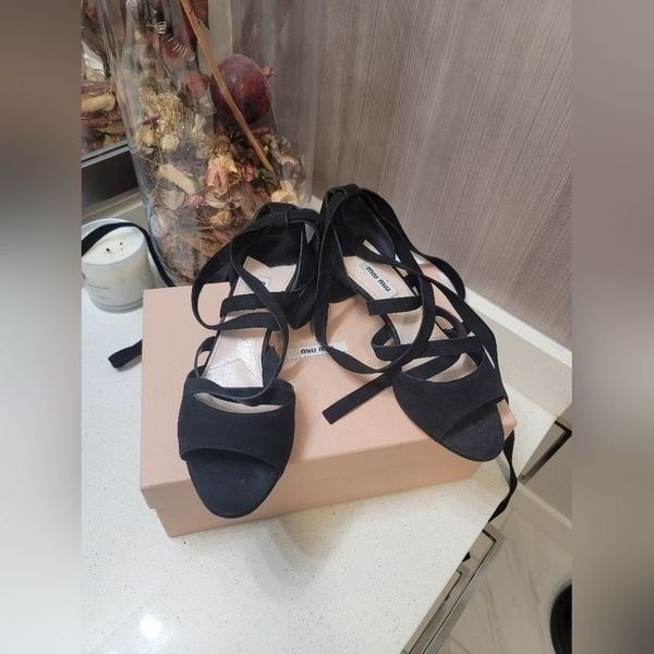 Miu Miu Lace-Up Straps in Black Suede Strappy Heels 39