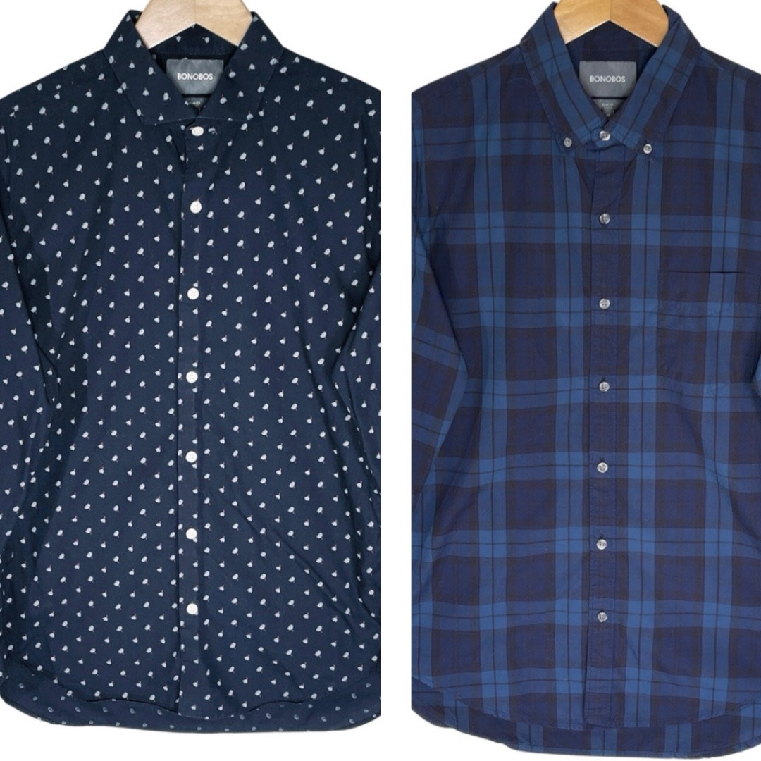 BONOBOS Men’s Blue Slim Fit Long Sleeve Button Up Shirt Bundle of 2