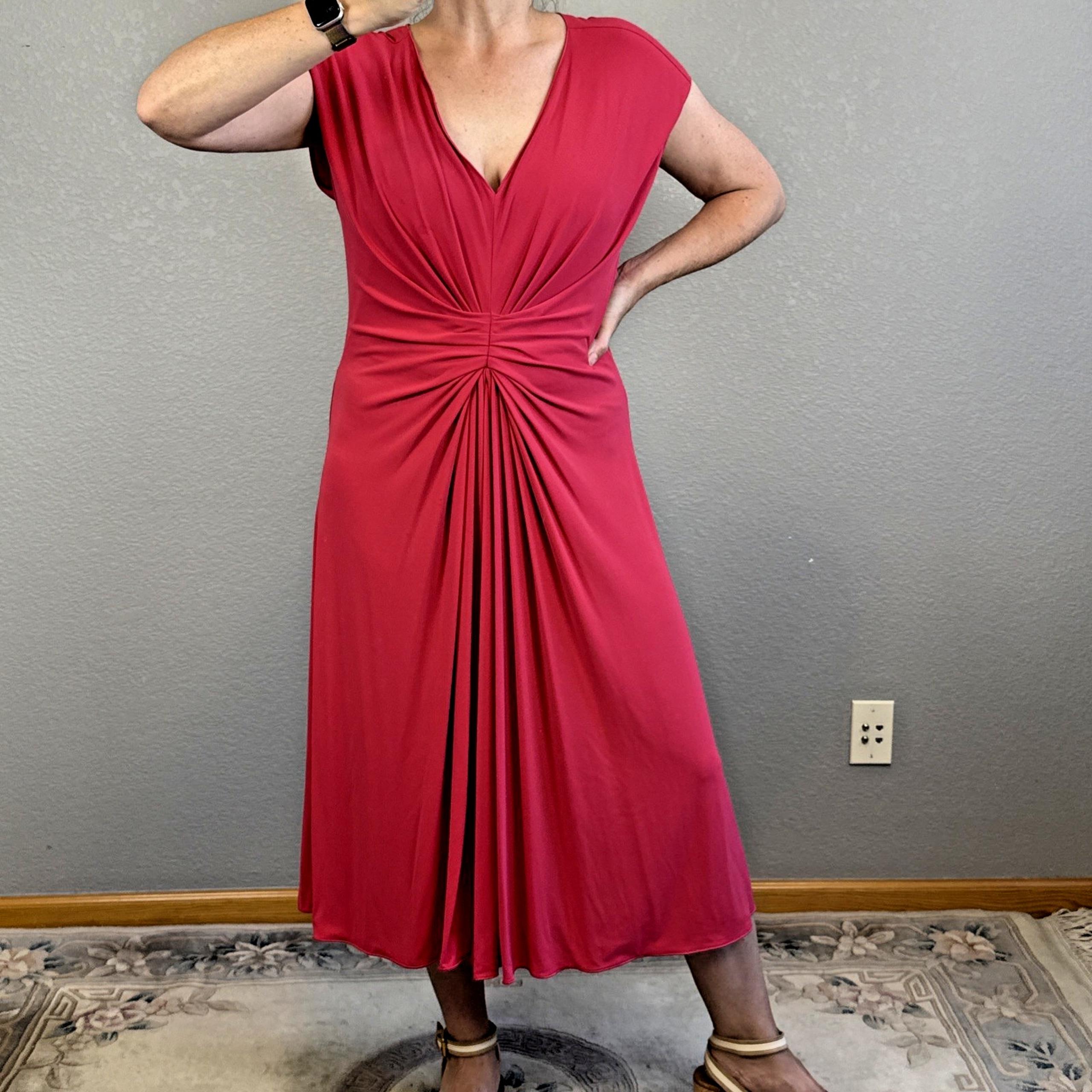 Armani Collezioni Hot Pink Jersey Ruched Midi Dress Size 16 V-Neck Cap Sleeve
