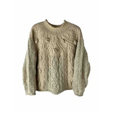VTG 90s Womens Medium Hand Knit Pom Pom Chunky Cable Knit Boxy Sweater Ivory