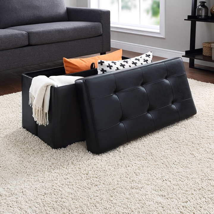 Mainstays 30-inch Collapsible Storage Ottoman, Quilted Black Faux LeatherMainsta