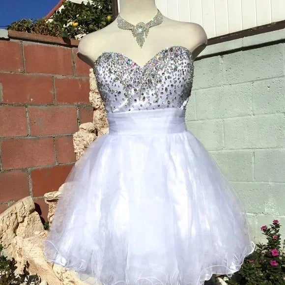 DANCING QUEEN Off Shoulder Strapless Short Dress Rhinestones Padded Wht L Jr
