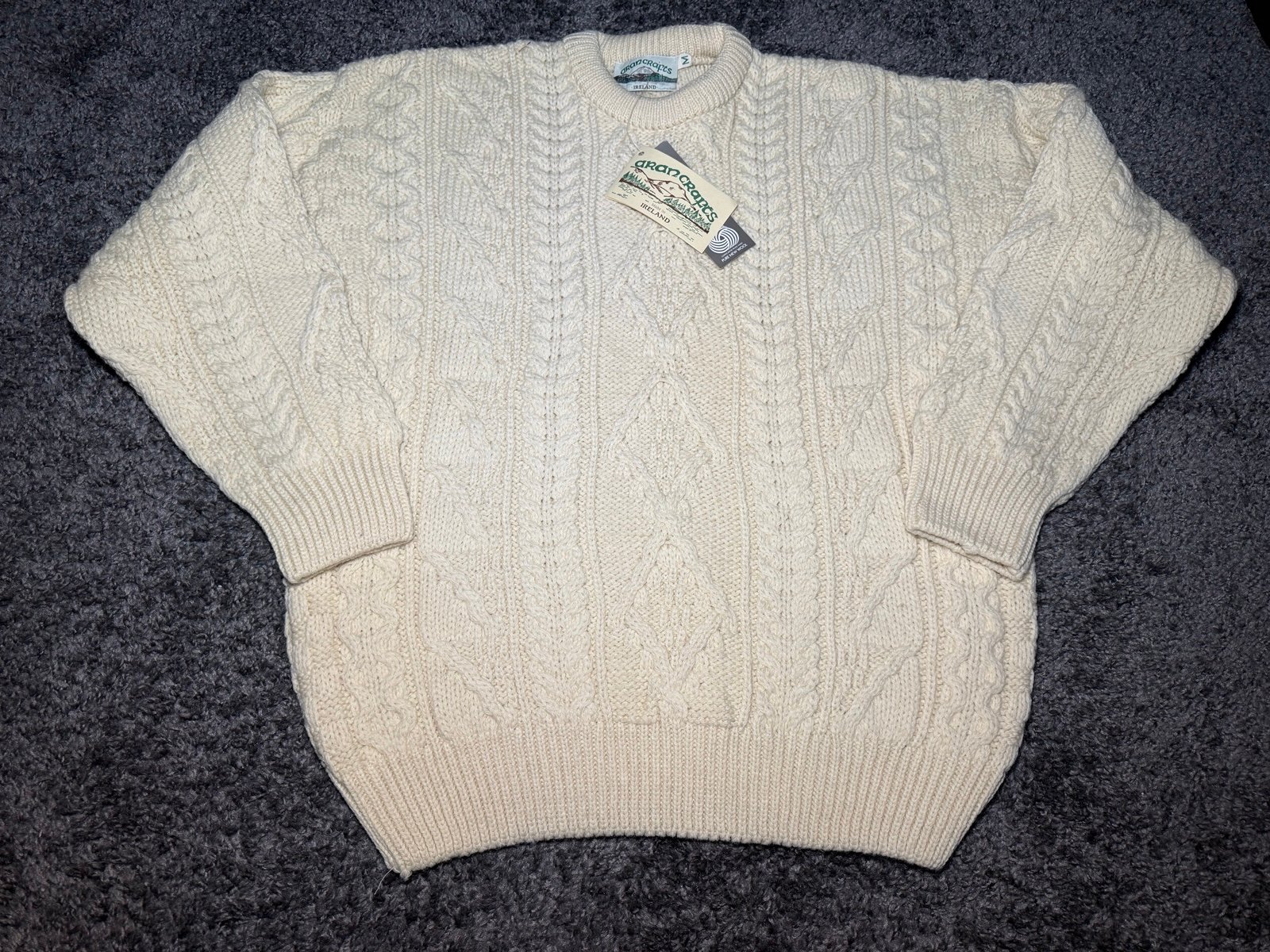 NEW Vtg Aran Crafts Wool Heavyweight Cable Knit Fisherman Sweater Cream Medium