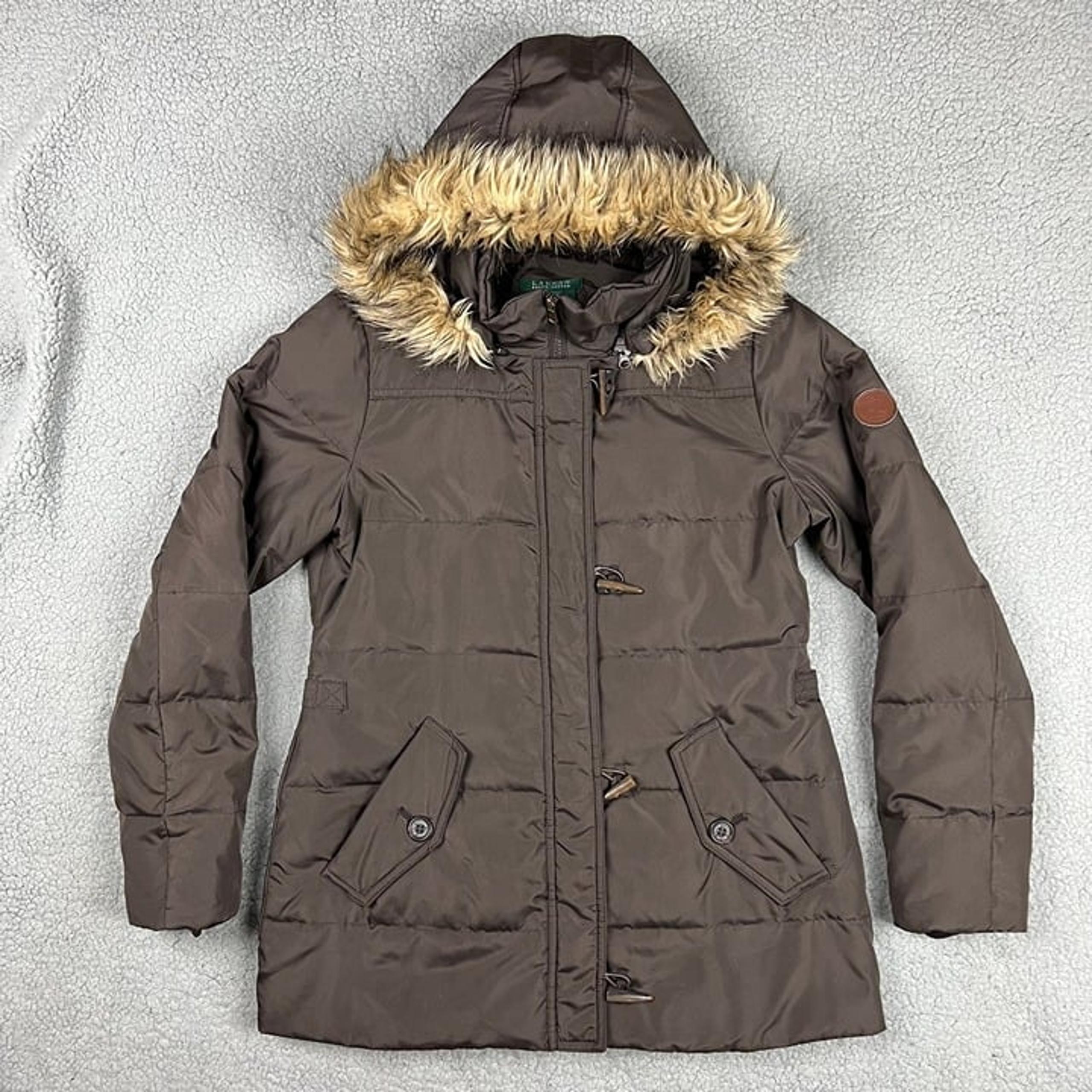 LRL Ralph Lauren Coat Womens Small S Brown Down Puffer Jacket Parka Toggle Fur