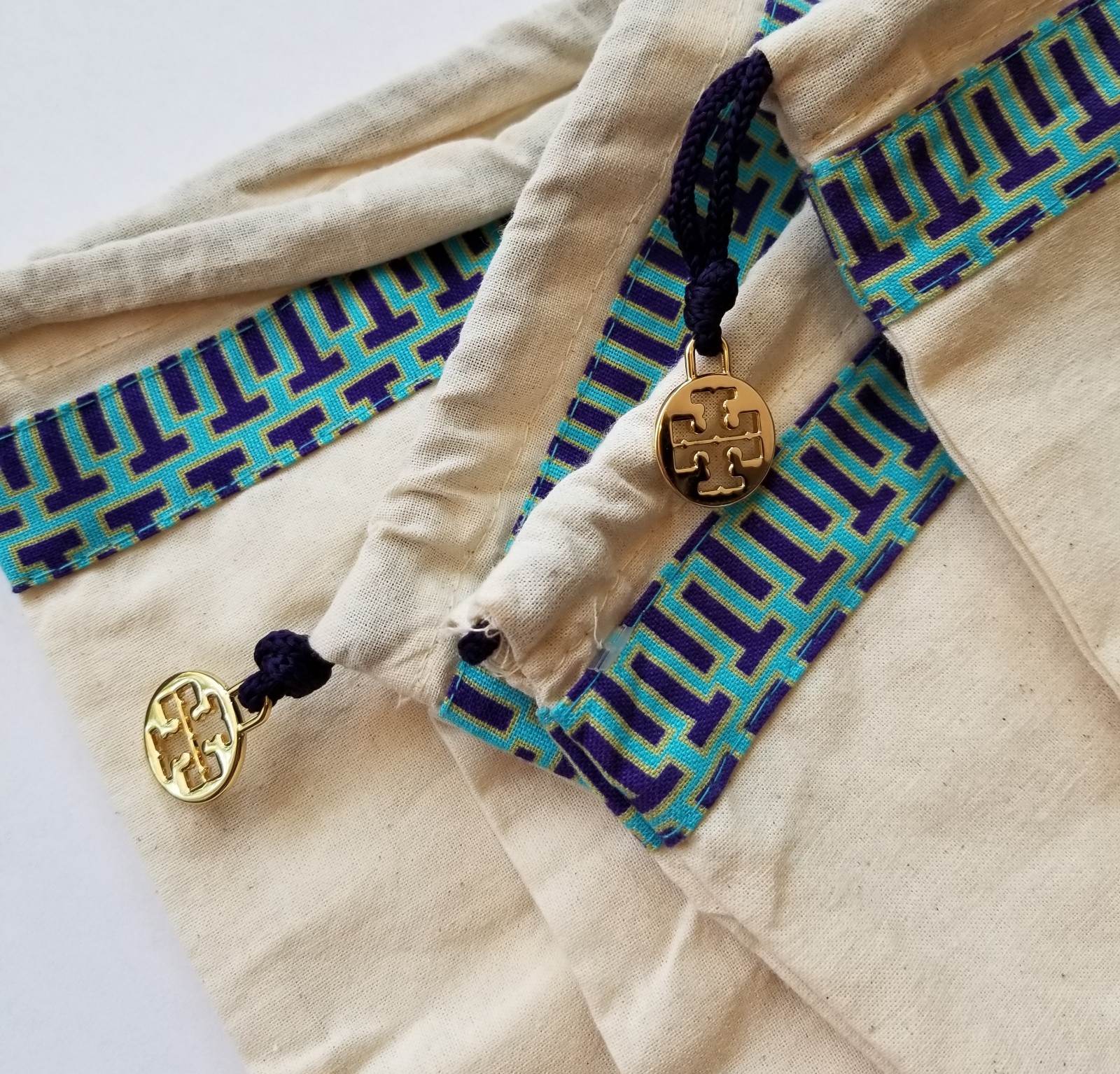 Tory Burch Beige Teal Logo Canvas Dust Bag Set with Gold Charms on Drawstrings