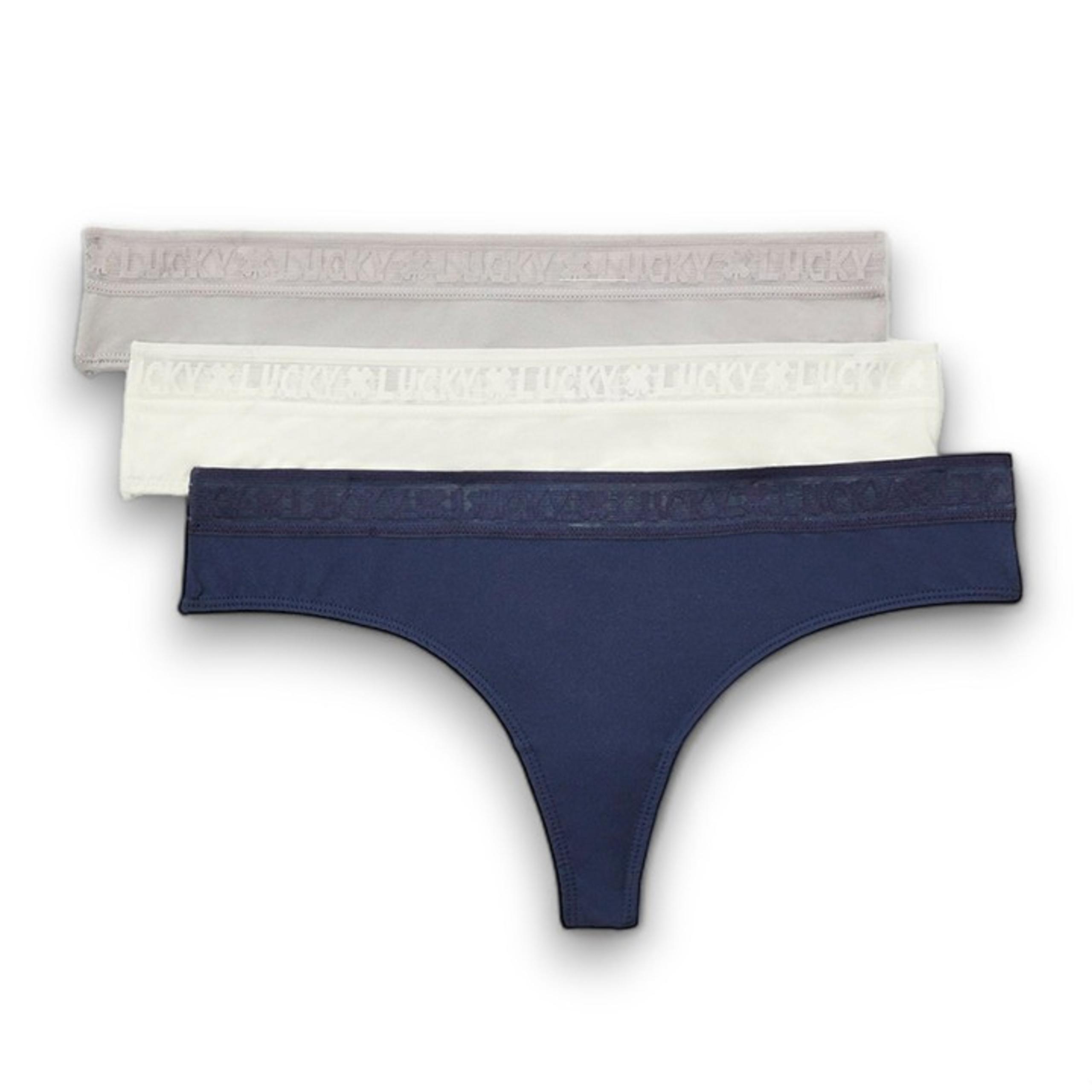 NWT Lucky Brand Women's 3-Pack Logo Elastic Waist Linen-Cotton Blend Thong Panti