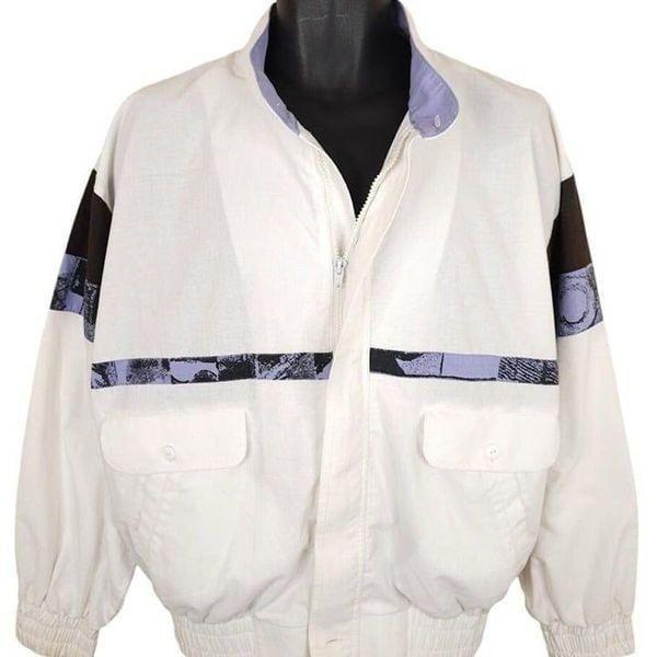 Vintage Bomber Jacket Mens Size Medium White Purple 80s 90s Abstract Lightweight
