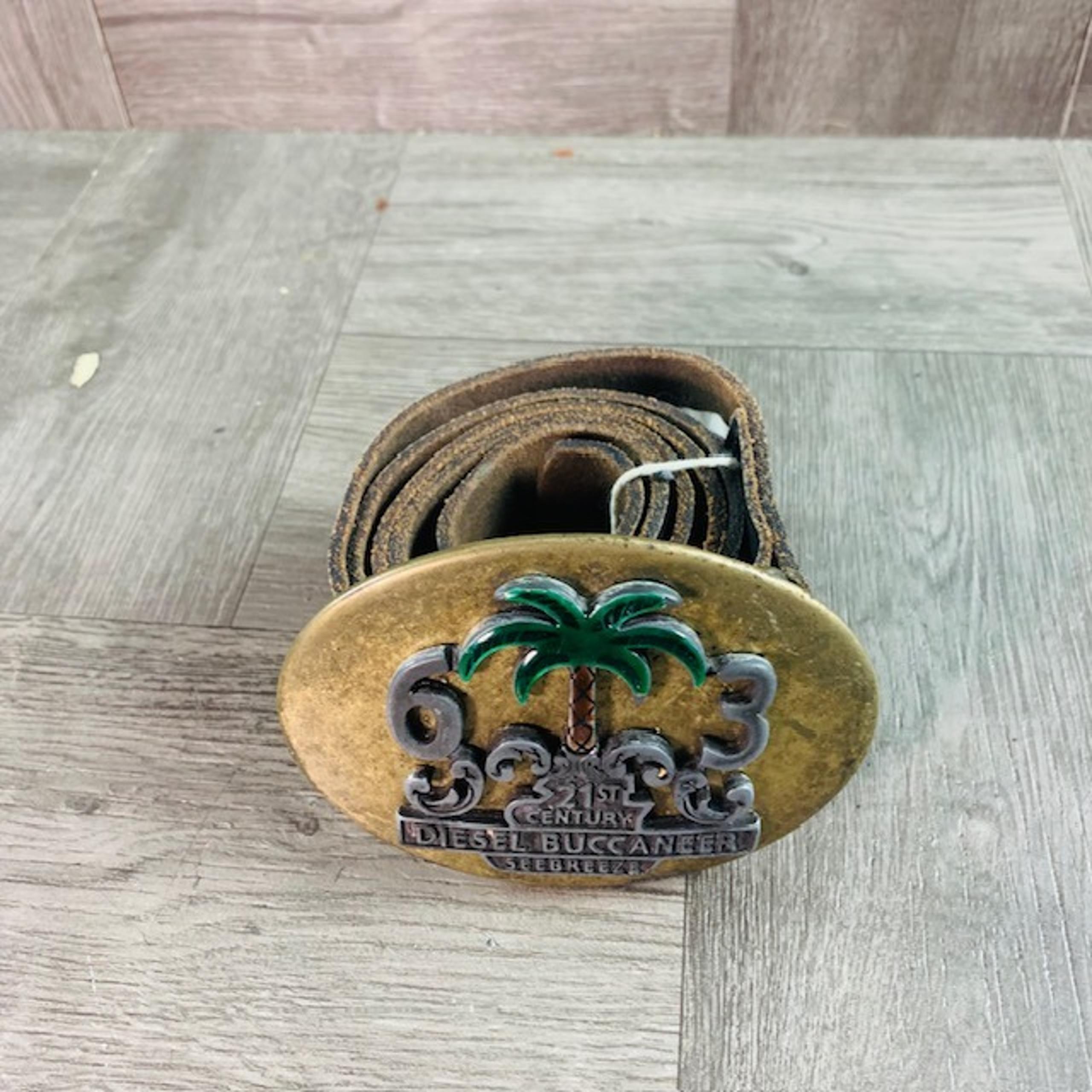 Diesel Vintage Y2K Leather Belt Brass 21st Buccaneer Buckle Italy Size US 36