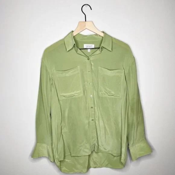 & Other Stories Button Up Pockets Long Sleeve 100% Silk Shirt - Green