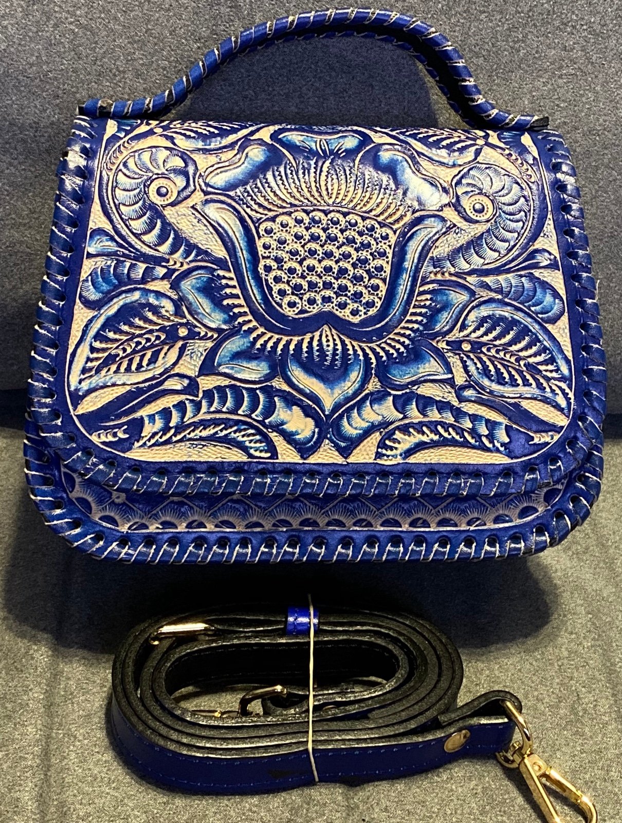 handmade genuine leather Luxury Shoulder Straps Handbag white Royal Blue